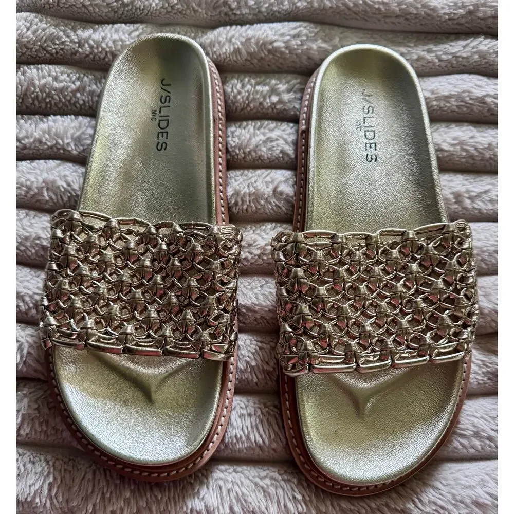 J/SLIDES NYC Robie Woven Metallic Gold Slides Women’s 9